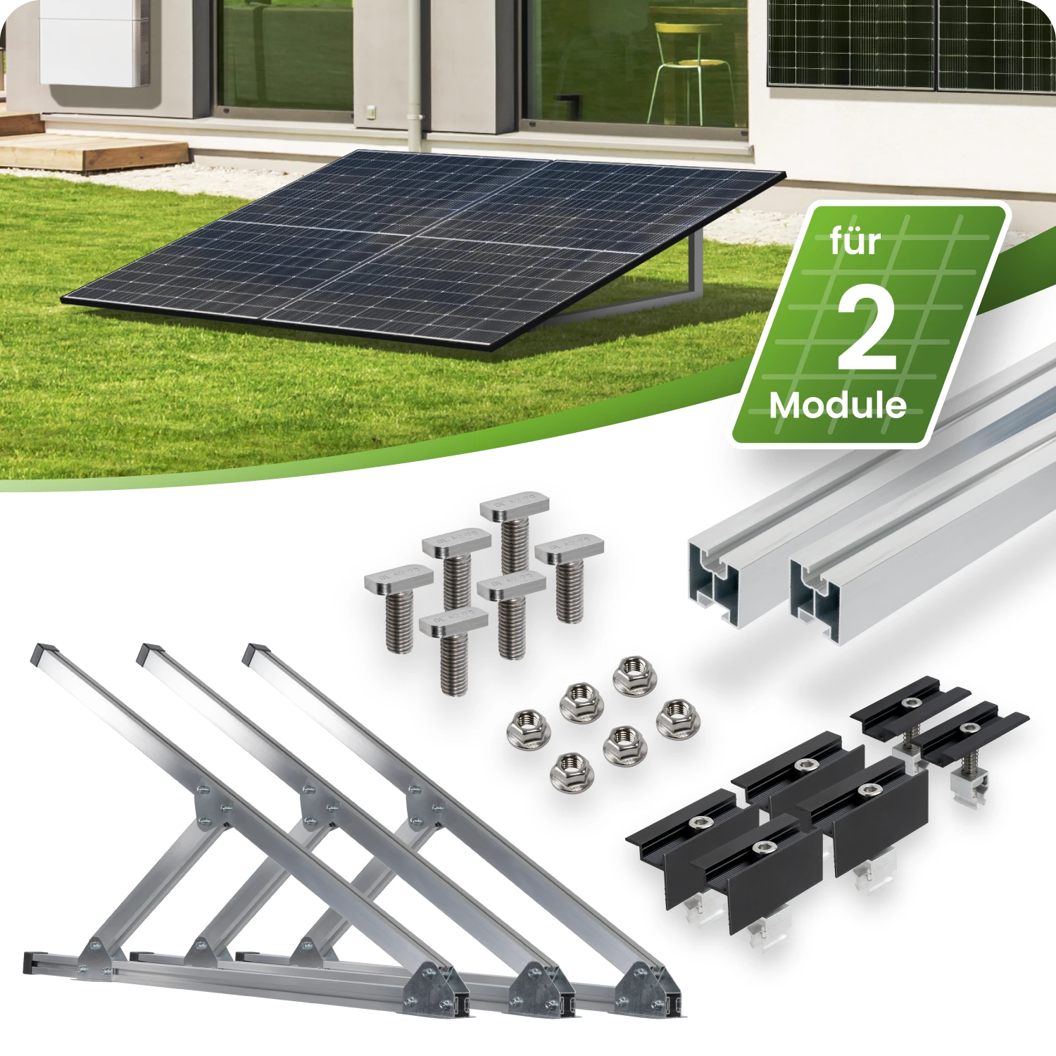 SILBERNES Flachdach- und Wand Montageset für 2 Module senkrechte Montage Photovoltaik Balkonkraftwerk Aufständerungsdreiecke - 30mm