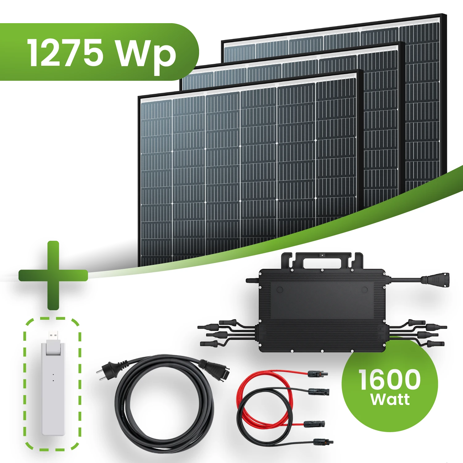 Balkonkraftwerk 1275Wp 3x Trina Solar Modul Hoymiles HMS-1600W Mikrowechselrichter Komplettset Black Frame