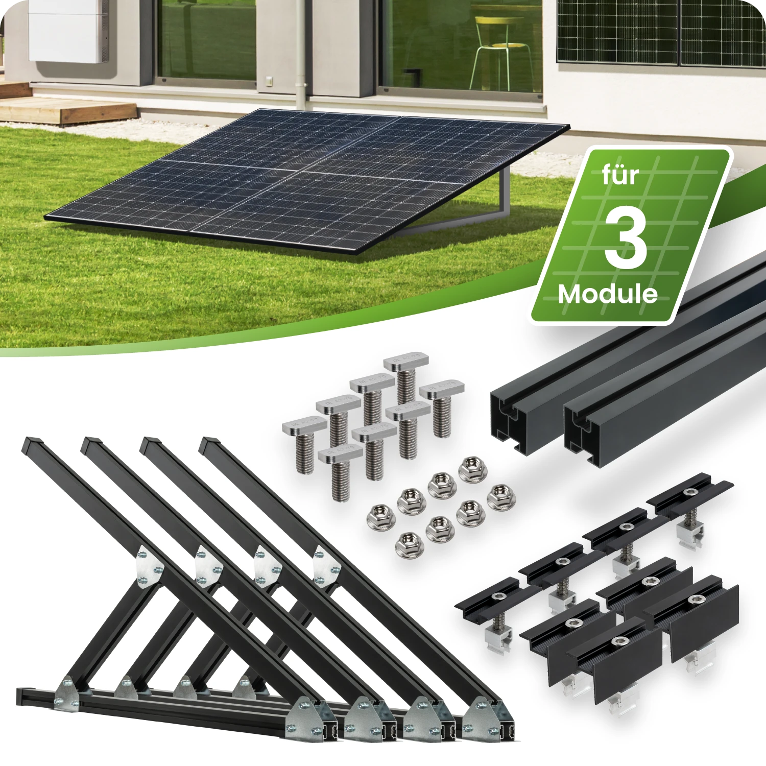 SCHWARZES Flachdach- und Wand Montageset für 3 Module senkrechte Montage Photovoltaik Balkonkraftwerk Aufständerungsdreiecke - 30mm